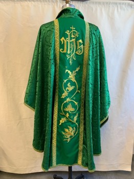 N/L, Kelly Green, Gold, Silk, Medallion Pattern, Christian Chasuble, Green Medallion Jacquard, Gold/Green Ribbon Trim, Rounded Folded Over Neck with Gold Piping, Solid Green Front Panel with Gold Leaf Embroidery, Priest