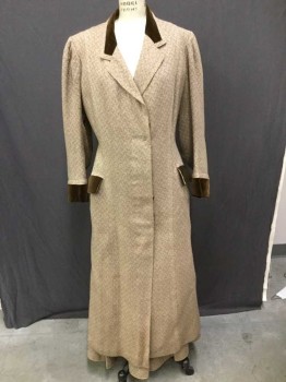 MTO, Tan Brown, Cream, Wool, Tweed, Tan and Cream Wool Tweed, Long Coat, Single Breasted, 4 Buttons In Hidden Placket, Brown Velvet Collar/Cuffs/Pocket Flaps, Notched Lapel, Princess Seams, Mend On Right Shoulder, Condition Very Good