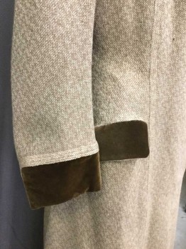 MTO, Tan Brown, Cream, Wool, Tweed, Tan and Cream Wool Tweed, Long Coat, Single Breasted, 4 Buttons In Hidden Placket, Brown Velvet Collar/Cuffs/Pocket Flaps, Notched Lapel, Princess Seams, Mend On Right Shoulder, Condition Very Good