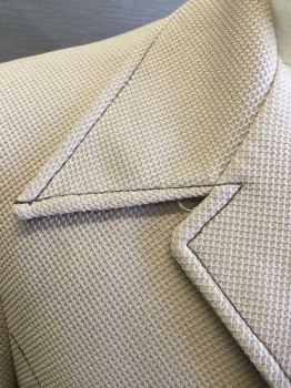 N/L, Beige, Polyester, Solid, Leisure Jacket, Diamond/Waffle Texture Polyester, Single Breasted, 4 Buttons, Notched Collar Attached, Dark Brown Topstitching, Lining is Beige with Mustard and Green Chain Link Pattern,