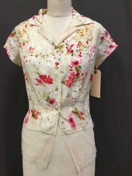 N/L, Cream, Pink, Green, Olive Green, Brown, Cotton, Netting, Floral, Cream W/pink,green,olive,brown Floral Print, Collar Attached, 4 Button Front, Cap Sleeves, 2 Pockets W/1 Button, Netting Hem