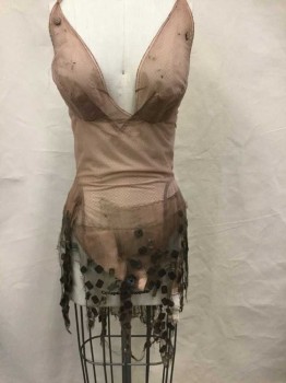 N/L, Tan Brown, Gray, Olive Green, Metallic, Nylon, Beaded, Sheer Net, Sleeveless, Plunging V-neck, Lightly Padded/Molded Bust, Hem Mini,  Zig Zag Hem, W/Attached Olive Gauze/Aged Netting, Mother Of Pearl Square Beads, "Sexy Slave Girl"