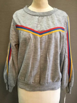 NO LABEL, Heather Gray, Yellow, Blue, Red, Poly/Cotton, Heathered, Stripes, Long Sleeves, Crew Neck, Stripes Across Chest, Stripes Down Sleeves