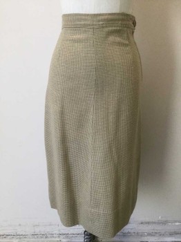 N/L, Beige, Tan Brown, Wool, Houndstooth, Check , Beige and Tan Check with Sage Specks Woven Throughout, 1.25" Wide Self Waistband, Straight Fit, Hem Below Knee,