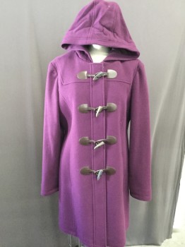 LL BEAN, Purple, Brown, Wool, Solid, Zip Front, Brown Vinyl Toggle Closure, Attached Hood, Slit Pockets,