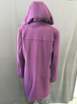 LL BEAN, Purple, Brown, Wool, Solid, Zip Front, Brown Vinyl Toggle Closure, Attached Hood, Slit Pockets,