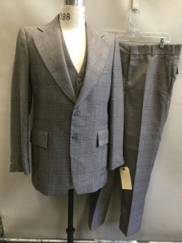 N/L, Gray, Black, Red, Wool, Plaid, Single Breasted, 2 Buttons,  Wide Notched Lapel, 3 Pockets,