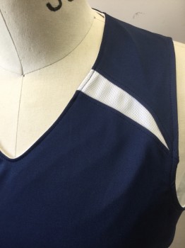 A4, Navy Blue, White, Polyester, Solid, Reversible Basketball Jersey, One Side is Navy with White Panels at Shoulders and Sides, Opposite Side is White with Navy Panels, Sleeveless, V-neck, **Has Multiples ***Barcode Located Between Layers, Near Hem at Side Seam
