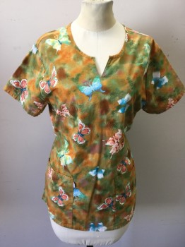 CHEROKEE, Olive Green, Rust Orange, Orange, Blue, Cotton, Graphic, Butterfly Print with Orange/Green Speckled Pattern, Scoop Neck with V Cut Center Front, Short Sleeves, 2 Patch Pockets, Tie Back From Side Seams