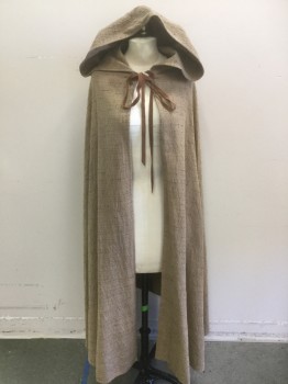 MTO, Beige, Tan Brown, Cotton, 2 Color Weave, Made To Order, Slub Texture, Suede Ties at Neck, Hood, Narrow Finished Hem,