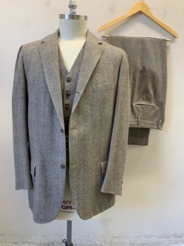 BROOKS BROTHERS, Brown, Gray, Lt Brown, Wool, Tweed, Herringbone, Single Breasted, Collar Attached, Notched Lapel, 3 Buttons,  3 Pockets