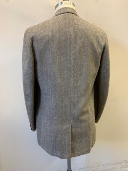 BROOKS BROTHERS, Brown, Gray, Lt Brown, Wool, Tweed, Herringbone, Single Breasted, Collar Attached, Notched Lapel, 3 Buttons,  3 Pockets