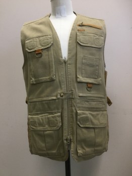 ORVIS, Tan Brown, Cotton, Leather, Solid, Leather Trim, 11 Pockets, Zip Front, Net Back Lining, Adjustable Waist,