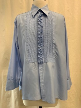 AFTER SIX, Lt Blue, Synthetic, Solid, Button Front, Collar Attached, Long Sleeves, Pleated Bib Front, Ruffled Button Placket,