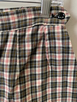 JEANIE'S, Ecru, Black, Red, Yellow, White, Cotton, Plaid, High Waist, Tapered Leg with Subtle Accordion Pleat at Sides of Leg Opening, Side Waist Zipper,