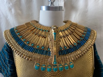 MTO, Gold, Turquoise Blue, Teal Blue, Plastic, Collar, Layered Gold Metallic Layers, Turquoise Stones, Teal Blue Cylinder Beads, Owl at Center, Velcro Back