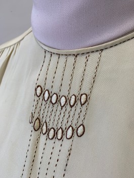 YOLANDE, Cream, Brown, Silk, Solid, Stripes, Crepe, S/S, Brown Dashed Lines Top Stitching,  7 Vertical Stripes with Pin Tucks at Center Front, with Small Ovals Embroidery, Round Neck, Gathered Shoulders, Buttons in Back,