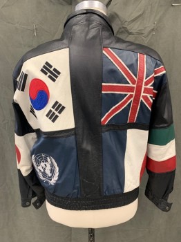 SUZIE'S FASHIONS, Black, Red, Blue, White, Orange, Leather, Patchwork, Country Flags Patchwork, Zip Front, Collar Attached, Elastic Waistband, Snap Cuff, 2 Pockets