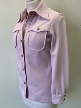 N/L, Lavender Purple, Polyester, Solid, Double Knit Polyester, Long Sleeves, Gold Embossed Buttons at Front, Western Style Pointed Yoke, Dagger Collar, 2 Patch Pockets Under Yoke, Belt Loops But No Belt, **Missing 1 Button