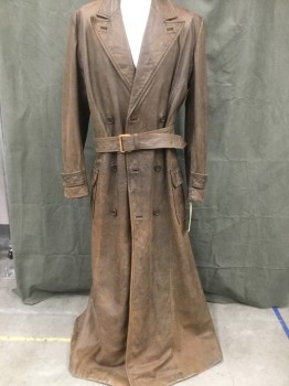 NO LABEL, Brown, Leather, Cotton, Solid, with  Matching BELT, Extra Long, Floor Length. Faded , Aged,  2  Patch Pockets, with Flaps, Double Breasted, Peaked Lapel, with Welted  Button Holes,  Cuff Epaulets,  with Button