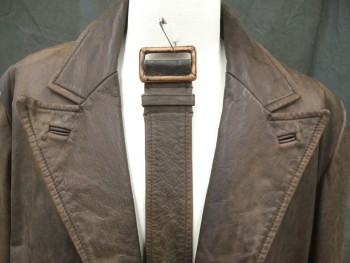 NO LABEL, Brown, Leather, Cotton, Solid, with  Matching BELT, Extra Long, Floor Length. Faded , Aged,  2  Patch Pockets, with Flaps, Double Breasted, Peaked Lapel, with Welted  Button Holes,  Cuff Epaulets,  with Button
