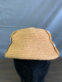 SPUNWOVEN BY EVERITT, Beige, Mustard Yellow, Straw, Silk, Straw with Mustard Grosgain Tabs with White Buttons, Cloche-like Shape,