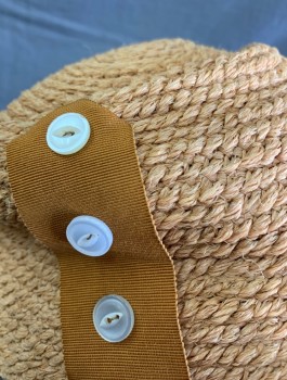 SPUNWOVEN BY EVERITT, Beige, Mustard Yellow, Straw, Silk, Straw with Mustard Grosgain Tabs with White Buttons, Cloche-like Shape,