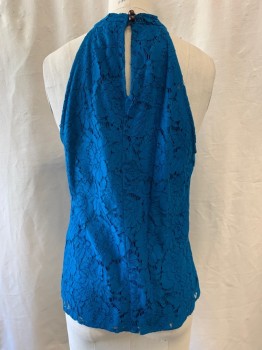DVF, Teal Blue, Polyester, Cotton, Floral, Floral Lace Pattern, Halter Neck, Key Hole at Back, Sleeveless