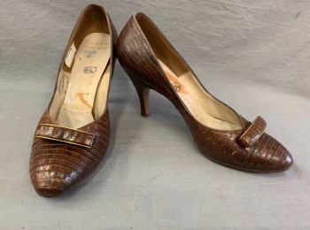 PALIZZIO, Brown, Snakeskin/Reptile, Pumps, Slightly Tapered Round Toe, Self Rectangular Buckle with Gold Metal Edges, Stiletto Heel, in Good Condition