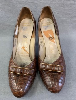 PALIZZIO, Brown, Snakeskin/Reptile, Pumps, Slightly Tapered Round Toe, Self Rectangular Buckle with Gold Metal Edges, Stiletto Heel, in Good Condition
