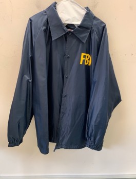 FIRST CLASS , Navy Blue, Nylon, Solid, Collar Attached, Snap Front " FBI" Logo on Front Left Side & Back