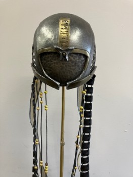 MTO, Pewter Gray, Bronze Metallic, Gold, Plastic, Leather, Geometric, Egyptian Inspired Scull Cap Beaded And Ribbon Tresses