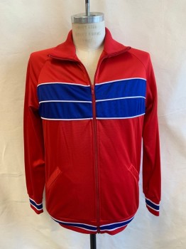 BROADWAY SUPPLY, Red, Primary Blue, White, Polyester, Color Blocking, Stripes, Track Jacket - C.A., Zip Front, 2 Pockets, MULTIPLES