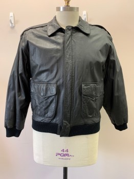 NO LABEL, Black, Leather, Solid, L/S, Zip Front, Collar Attached, Top And Side Pockets,