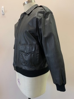 NO LABEL, Black, Leather, Solid, L/S, Zip Front, Collar Attached, Top And Side Pockets,