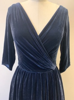 NO LABEL, Midnight Blue, Cotton, Solid, Mid Sleeves, V Neck, Crossover, Velvet Texture, Pleated, Back Zipper,