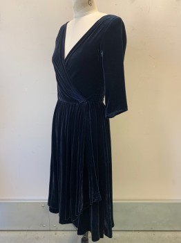 NO LABEL, Midnight Blue, Cotton, Solid, Mid Sleeves, V Neck, Crossover, Velvet Texture, Pleated, Back Zipper,