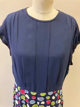 N/L, Red, Navy Blue, Cream, Silk, Splotches, Navy, Round Neck, Cap Sleeves, CF Pleats, CB Zipper,& Pleats  Splotches At Skit,  Side Zipper, Belt Attached   * Stained Under Arms*