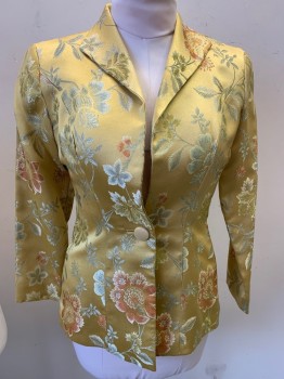STEVEN STOLMAN, Yellow, Sage Green, Copper Metallic, Polyester, Floral, Blazer, Single Breasted, 1 Button, Short Pointed Shawl Lapel, Brocade
