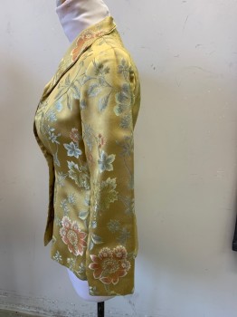 STEVEN STOLMAN, Yellow, Sage Green, Copper Metallic, Polyester, Floral, Blazer, Single Breasted, 1 Button, Short Pointed Shawl Lapel, Brocade