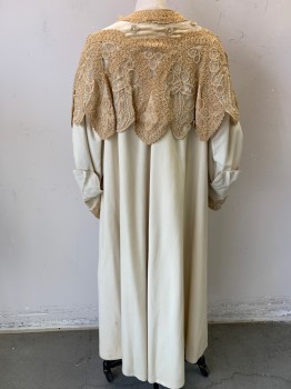 B.ALTMAN & CO, Cream, Ecru, Wool, Solid, Large Ecru Lace Caped Shoulders with Velvet Inset, 3/4 Sleeves with Cuff and Lace Detail, Open Front with Hook & Eyes, Ankle Length, Beige Lining with Self Arrows Pattern,
