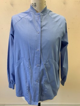 N/L, Cornflower Blue, Poly/Cotton, Solid, Raglan Sleeves, Snap Closures At Front, Rib Knit Collar And Cuffs, 2 Large Slanted Pockets At Front
