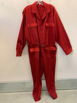 BILL PARRY, Cherry Red, Wool, Solid, Gabardine, L/S, Zip Front, Collar Attached, Attached Belt at Waist with Gold Buckle, 4 Patch Pockets in Front