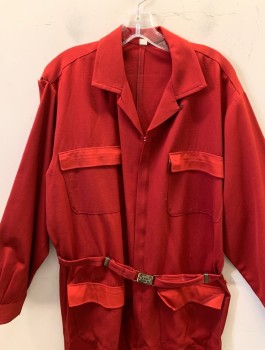 BILL PARRY, Cherry Red, Wool, Solid, Gabardine, L/S, Zip Front, Collar Attached, Attached Belt at Waist with Gold Buckle, 4 Patch Pockets in Front