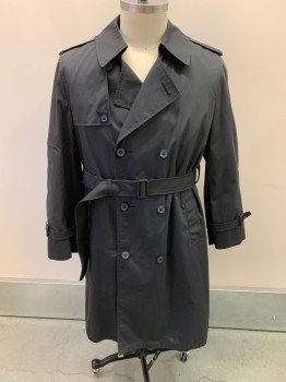 BOTANY 500, Black, Cotton, Synthetic, With Matching Belt, C.A., Double Breasted, Button Front, 2 Pockets, Epaulets, Removable Faux Fur Lining