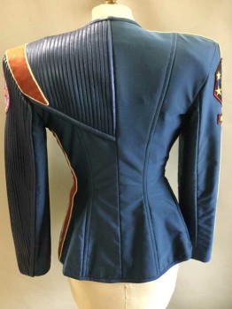 MTO, Blue, Orange, Red, Spandex, Leather, Solid, Jacket, Pin Tuck Leather Left Sleeve and Yoke, No Closures, Orange Shoulder Epaulet and Right Side Stripe, Strong Shoulders, Red Side Stripe On Left Side