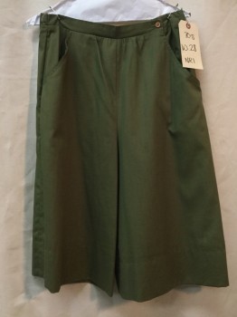 NRI, Olive Green, Cotton, Polyester, Solid, Elastic Waist in Back, Just Below Knee Length, 2 Side Pockets, Button Closure at Side Front Waist, Culottes