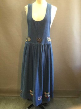 REQUIREMENTS, Denim Blue, Multi-color, Cotton, Floral, Hearts, Chambray, Floral Print Heart Appliqués, Sleeveless, Scoop Neck, Gathered Waist, Button Up Sides, 2 Pockets, Teacher