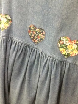 REQUIREMENTS, Denim Blue, Multi-color, Cotton, Floral, Hearts, Chambray, Floral Print Heart Appliqués, Sleeveless, Scoop Neck, Gathered Waist, Button Up Sides, 2 Pockets, Teacher