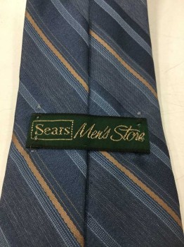SEARS MEN'S STORE, French Blue, Gold, Polyester, Silk, Stripes - Diagonal , 4 In Hand,